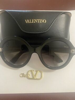 Valentino Black Round Sunglasses with Gold VD Charm